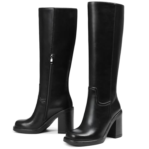 Womens Knee High Boots Wide Calf - Square Toe Platform Tall Boots Chunky Block Heel, Faux Leather Half Zip Long Boot for Women, Waterproof & Slip Resistant
