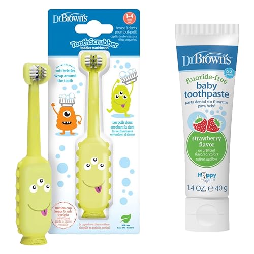 Image of Dr. Brown's ToothScrubber Toddler Toothbrush & Fluoride-Free Baby Toothpaste Bundle, Triple-Sided Training Toothbrush, Strawberry Flavor, Ages 1-4 Years