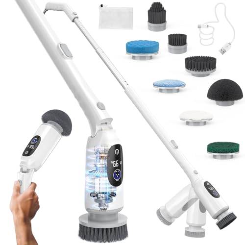 Image of Electric Spin Scrubber, Cordless Cleaning Brush, 3H Work Time, Bathroom Scrubber with LED Display, 3-Speed Extendable Handle, IPX7 Waterproof, 8 Brush Heads for Shower, Tile, Tub, Floor, Toilet, Grout