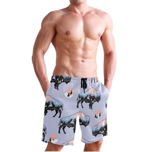 Men's Swim Trunks Quick Dry Swimming Shorts with Pocket Buffalo Silhouettes with Landscape Scenes Swimsuit Trunks3