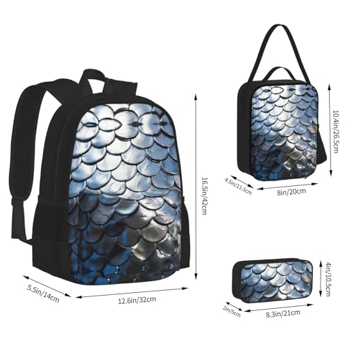 nanger Silver Fish Scale Print 3-Piece Set Backpack, Lunch Bag And Pencil Case, For Travel, College, And Daily Use4