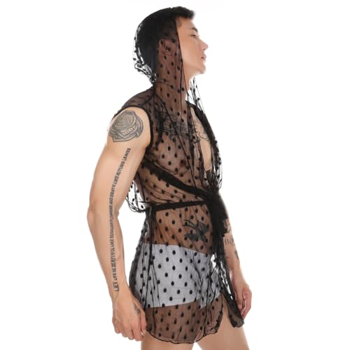 Greenery-GRE Men Sexy Mesh Polka Dot Bathrobe See Through Lace Sheer Lingerie Transparent Pajamas Hooded Sleeveless Nightgown3