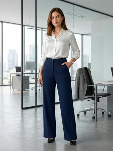 Image of Women's Formal Trousers | Stretch & Regular Fabric Options | Straight Fit Office Wear Pants with Pockets | Casual Trouser for Womens