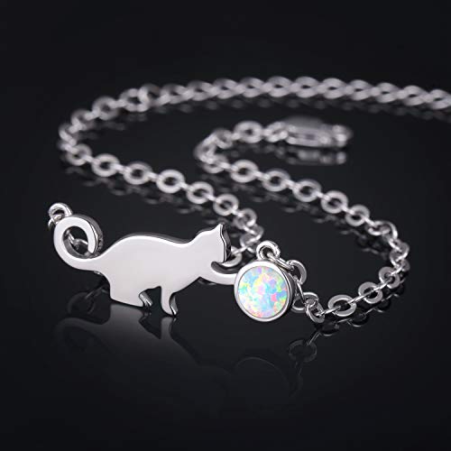 PRAYMOS Cat Bracelets for Women, 925 Sterling Silver Opal Kawaii Kitty Bracelet Hypoallergenic Cat Jewelry for Women Cat Themed Gifts2