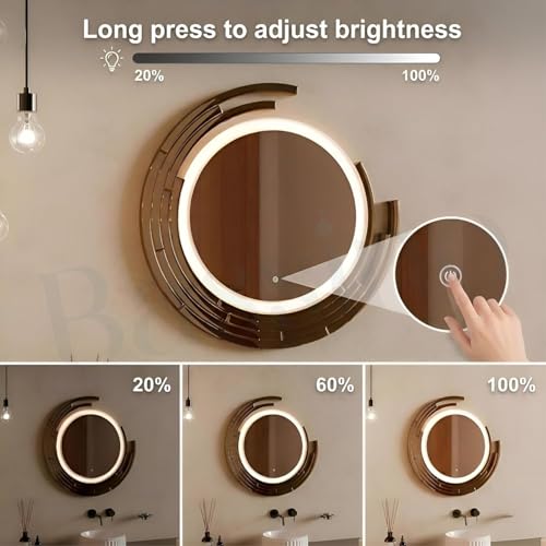 Image of BASSINO 3D Bathroom Mirror with LED Lights /Sensor Touch /3 Adjustable Colors /Dimmable Light /Vanity Mirrors /Round Washbasin Mirror with LED Lights /Smart Mirror for Bathroom Wall(Rose-Gold)