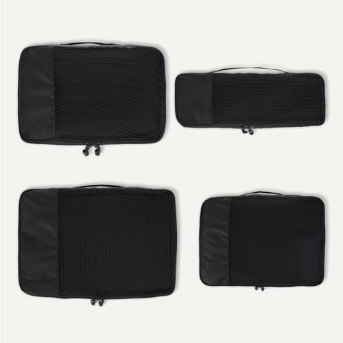 Image of Amazon Essentials 4-Piece Space-Saving Packing Cubes Travel Accessories Set, Luggage Organizer with Double Zipper, Mesh Top, Small /Medium /Large /Slim, Black (Previously Amazon Basics)