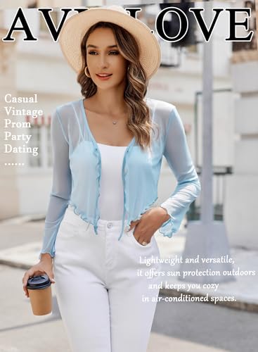 Image of Avidlove Womens Sheer Shrug Tie Front Long Bell Sleeve Mesh Bolero Lightweight Summer Casual Short Shawl Top