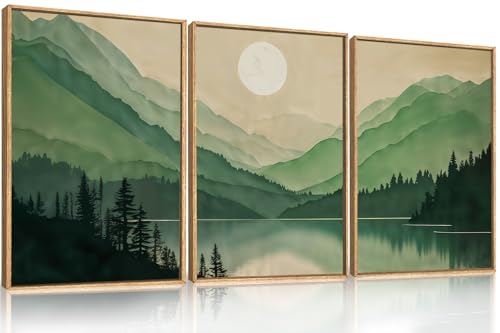Image of Celestdeco Watercolor Mountains Framed Canvas Wall Art Set, Boho Sun Forests Wall Decor, Green Scenery Wall Painting, Modern Woodland Artworks for Living Room, Bedroom, Dining Room, Office - 16"x24"x3