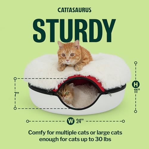 Image of Cattasaurus Peekaboo Cat Cave for Multiple & Large Cats Up to 30-45 Lbs, Fluffy Cat Beds & Furniture, Scratch Detachable & Washable Tunnel Bed, Comfy Donut Bed (Ruby Snowball, Large (Calming))