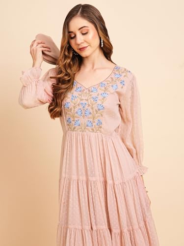 Image of RATAN Women's Floral Embroidered Puff Sleeve Chiffon Flared Tiered Kurta Gown Maxi Dress