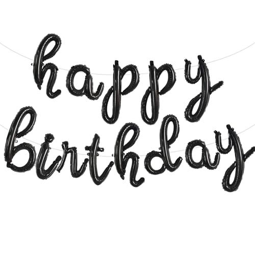TONIFUL Black Happy Birthday Balloons Banner,Cursive Happy Birthday Balloons Black Birthday Decorations Mylar Foil Birthday Decorations for Adults