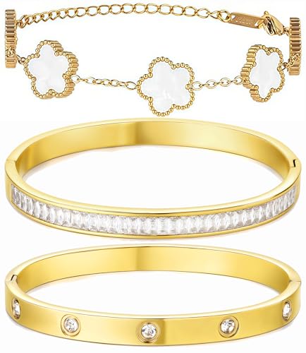 Gold Bangle Bracelets Set for Women (Sturdy Version) 3-Layer 18K Gold-Plated & High Tarnish Resistant (3 PCS) Love Gold Bracelet Stack Set Gifts for Women (Fits Wrists 5.7-6.7 Inch)