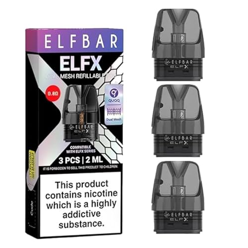 Elfx Pods for Elf bar Kits Replacement Cartridge 0.8 Vape Pod Dual Mesh Coils Top Fill E-Cigarettes Replacement Pods 3 Pack 2ml ... No Nicotine (0.8)