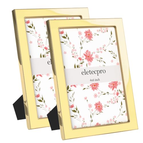 Image of eletecpro 4x6 Enamel Picture Frame Set of 2 with Real Glass Cover, Cute Photo Frame with Gold Metal Edge, Horizontal and Vertical Display Pictures 4 by 6 for Tabletop and Wall Decor, Yellow