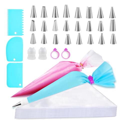 133 Pcs Icing Piping Kit, Piping Bags and Nozzles Set with 24 Nozzle, 2 Bag, 3 Scrapers, 2 Couplers, 2 Bags Ties, 100 Transparent Bag for DIY Cake Cupcake