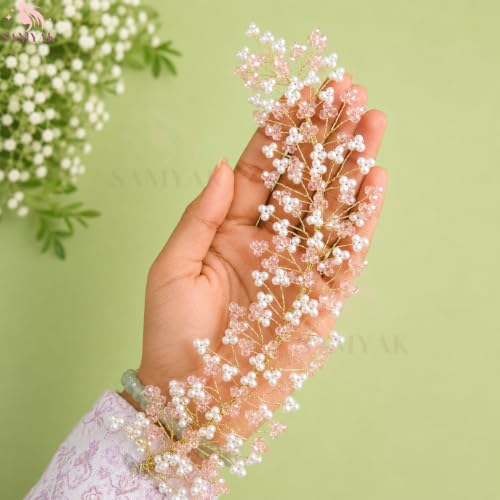 Image of Samyak Crystal Pearl Hair Tiara Vine Hair Headband Headdress Hair Jewellery For Women | Hair Pin | Bun | Hair Accessory For Bridal Wedding Bridesmaid, Pink, Pack of 1