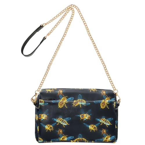 Women Crossbody Bag Shoulder Handbag Cellphone Purse Golden Bees Print, PU Leather Metal Chain Strap Water Resistant Zipper Closure