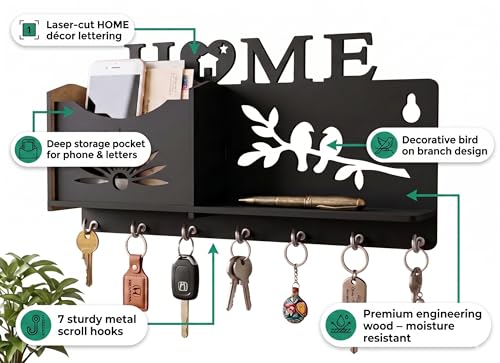 Image of Wall Mount Key Holder & Mail Organizer | Laser-Cut Key Hanger with 7 Metal Hooks, Letter Rack & Pen Stand | Wooden Wall Decor for Entryway, Living Room, Home & Office (Home)