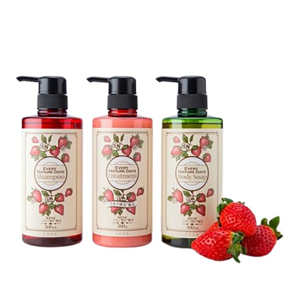 Amazon | いちごシャンプー・トリートメント・ボディーソープ 500mL×3