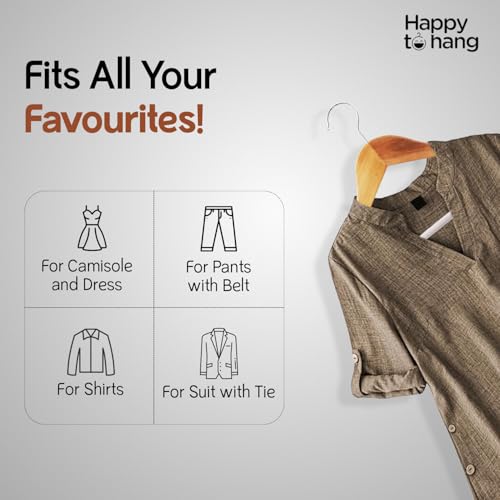 Image of Happy To Hang Timber Wooden Hangers | Premium Wooden Hanger Set with Non-Slip Bar & 360 Swivel Chrome Hook | Heavy-Duty Cloth Hangers for Shirts, Suits, Sarees & Wardrobe Storage | Pack of 16