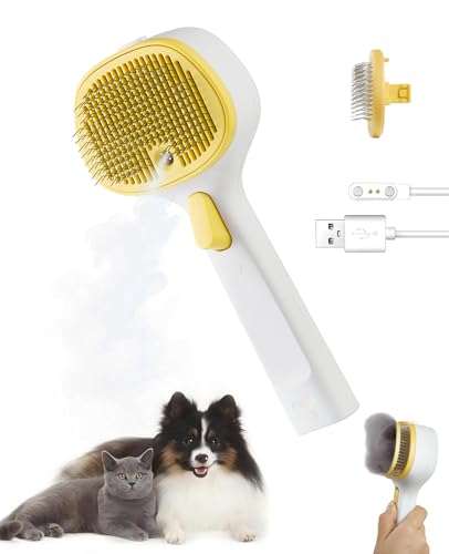 Cat Steam Brush for Cats &amp; Dogs, Pet Steam Brush 3-in-1 with 2 Mist Modes, One-Touch Self Cleaning, Magnetic Safe Charging, Cat Hair Brush for Shedding, Dog Brush for Shedding, Yellow (Long Head)