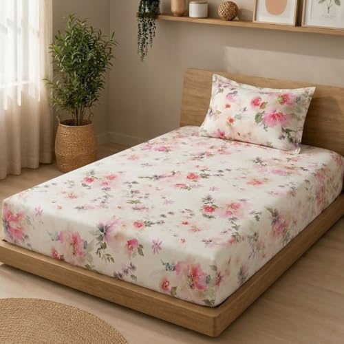 Image of Linen Home Cotton Percale Fitted Bedsheet Set Single Size Floral Pink