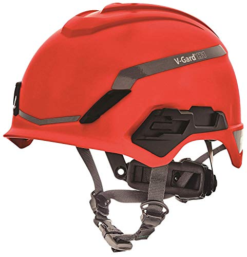 MSA 10194792 H1 V-Gard Helmet with Fas-Trac III Ratchet Suspension  Polyethylene Shell, Superior Impact Protection, Self Adjusting Crown Straps - Standard Size in Red