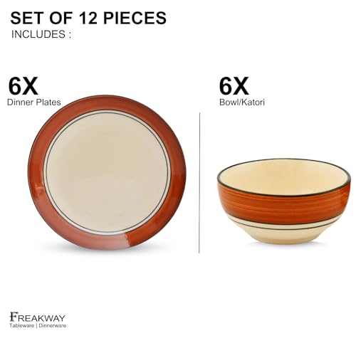 Image of Freakway Glossy browny Glossy Brown and White Ceramic Plates for Dinner with Katoris (12 Pieces, 6 Bowl & 6 Plates, Dishwasher & Microwave Safe) -Dinner Sets Ceramic Bowls Set Dinnerware Sets