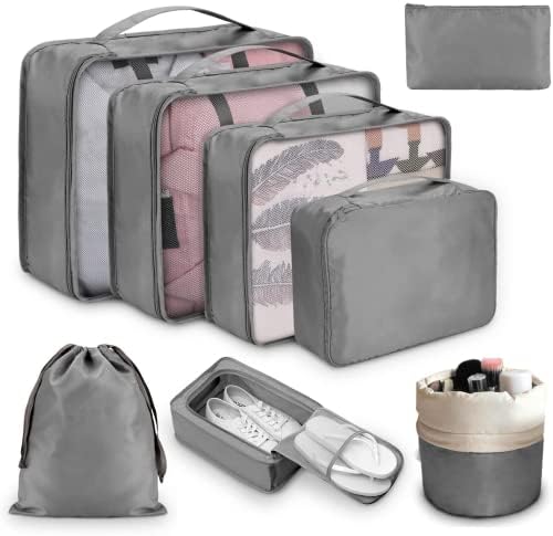 DIMJ 7 Pack Packing Cubes for Suitcase, Travel Luggage Organiser Set, Suitcase Organiser Bags for Clothes, Shoes, Cosmetics, Toiletries (Grey)