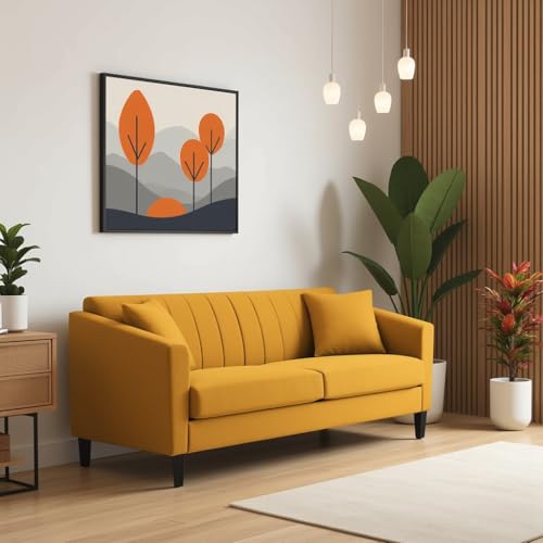 Image of Avion Natalia 3 Seater Velvet Sofa for Living Room|Yellow| Luxury Plush Fabric Couch, Modern Comfortable Upholstered Sofa, Premium Home Furniture Lounge Seating