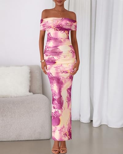 Image of BTFBM Cocktail Dresses for Women 2026 Elegant Classy Off Shoulder Bodycon Mesh Slit Floral Maxi Spring Summer Dress