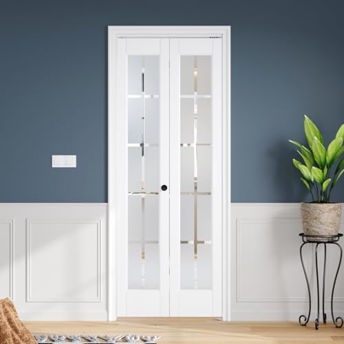 Roymelo White Bifold Doors for 30'×80' Opening, Tempered Frosted Glass Cross Transparent Folding Barn Door with Concealed Hardware Kit Included, LVL Wood Panel Covered with PVC Surface