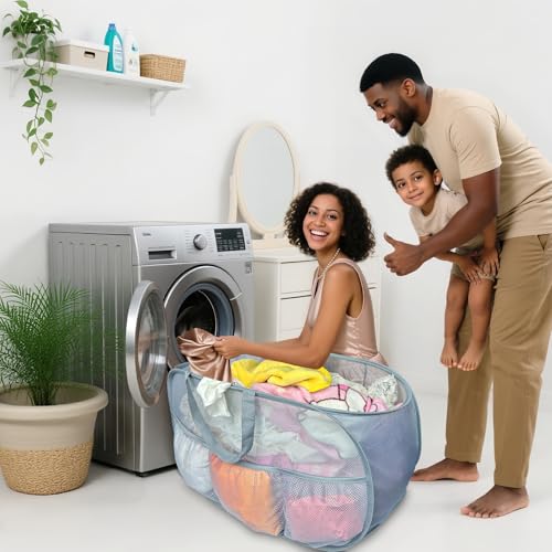 Image of Collapsible Laundry Baskets 2 Pack, Mesh Pop Up Hamper with Handles, Portable Stair Basket, Dorm or Room Folding Bin, Dirty Clothes Hamper Light Breathable. Grey. 2H