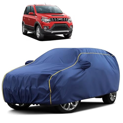 Image of Sulfar 100% Water Resistant Car Body Cover Compatible with Mirror for Mahindra Nuvosport (Triple Stitched, Full Bottom Elastic, Blue Taffeta with Yellow Piping)