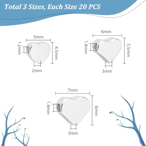 PH PandaHall 60pcs Heart Beads Heart Spacer Bead Silver Love Heart Charms Valentine's Day Bead 3 Styles Metal Loose Beads for Bracelet Necklace Earring Wedding Valentines Jewellery Making