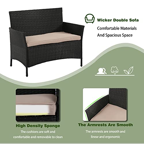 Image of PayLessHere 4 Pieces Patio Furniture Set Rattan Outside Furniture Wicker Sofa Garden Conversation Sets with Soft Cushion and Glass Table for Yard Pool or Backyard,Black