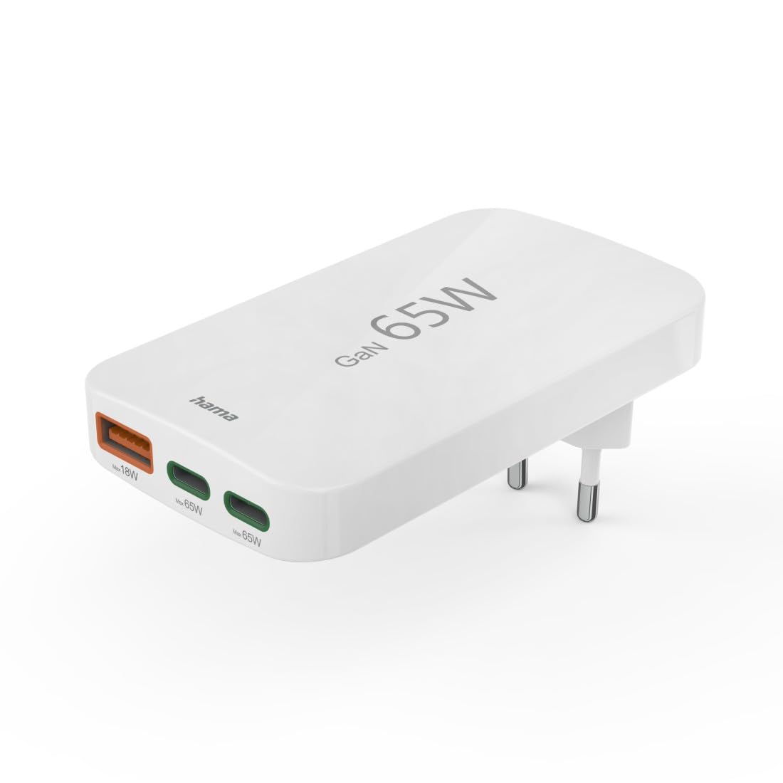 Hama - Cargador rápido USB-C de 65 W GAN de 3 Puertos (Corriente eléctrica, 2 x USB-C 65 W, 1 x USB-A 18 W, Mini Cargador PD Ultra Plano, Compacto y Plegable, Qualcomm Quick Charge, para PC