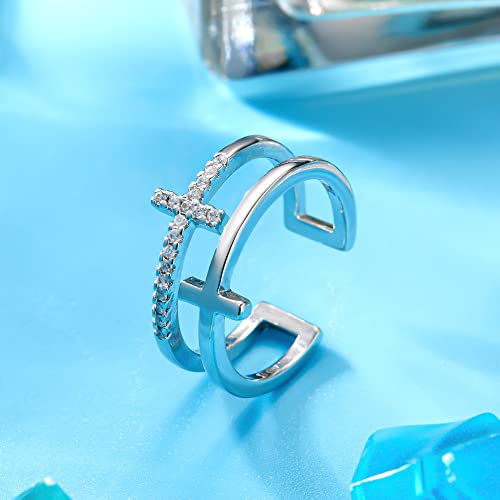 RINHOO To My Daughter/Granddaughter Ring-Pray Through It Cross Ring Double Cross Adjustable Baptism Ring Silver Gold CZ Diamond Creative Wedding Commitment Ring for Woman4