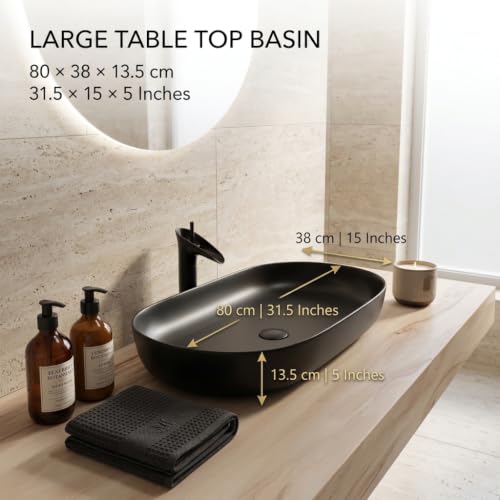 Image of Backline Ceramic 31.5 Inch Table Top Wash Basin| Big Size Basin | Counter Top Basin For Bathroom & Living Room 31.5 X 15 X 5 Inches (Black Matt)(5 years warranty)