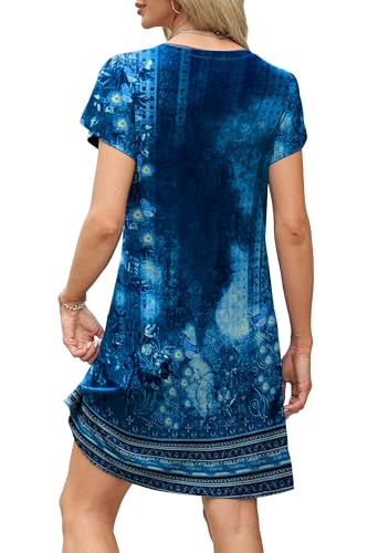 Image of OFEEFAN Womens Summer Dresses 2026 Tulip Petal Short Sleeve V Neck Loose Swing Sundresses with Pockets Plain /Print