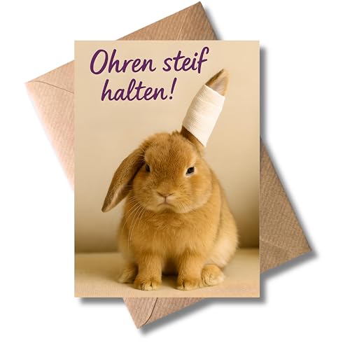 WBdesignz Genesungskarte „Ohren steif halten!“ mit Umschlag - mit Kaninchen-Motiv - Witzige Gute Besserung Grußkarte zur Genesung, lustige Aufmunterung - für Freunde, Kollegen & Familie (DIN A6)