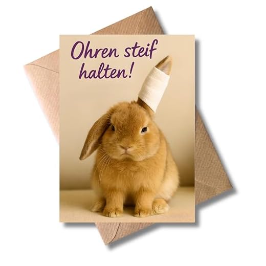WBdesignz Genesungskarte „Ohren steif halten!“ mit Umschlag - mit Kaninchen-Motiv - Witzige Gute Besserung Grußkarte zur Genesung, lustige Aufmunterung - für Freunde, Kollegen & Familie (DIN A6)