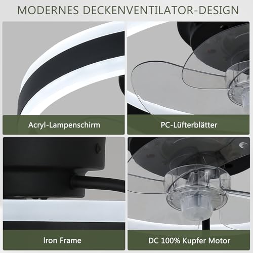 diisunbihuo 16“ Acryl Low Profile Deckenventilatoren mit Lichtern und Fernbedienung, Moderne dimmbare LED Kronleuchter mit Lichtern mit Memory&Timming Funktion für Schlafzimmer Wohnzimmer (Schwarz)