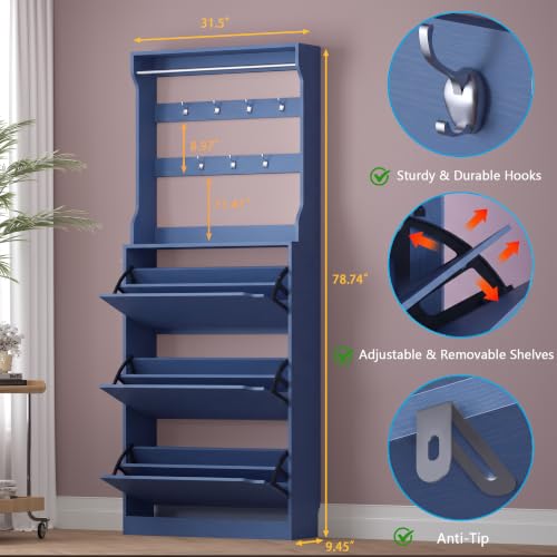 Image of BORNOON Shoe Cabinet with 3 Flip Drawers & Coat Rack, Narrow Hidden Shoe Storage Cabinet, 2-in-1 Hall Tree Slim Freestanding Shoe Rack Organizer for Entryway, Hallway, and Living Room