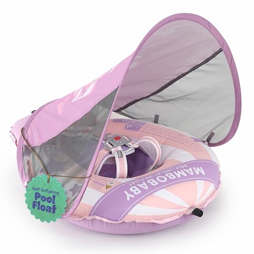 Image of MAMBOBABYFLOAT Light Traveler 2025 — Safe, Comfortable, Adjustable Baby Pool Float with Canopy — Sun Protection, Self-Inflating, 5-Way Buckle System (Hot Air Balloon, Pink)