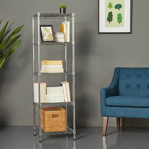 Image of Amazon Basics 5-Shelf Tower Adjustable Storage Shelving Unit, Chrome, 16 inch x 16 inch x 54 inch, 150 lbs Per Shelf | Tower
