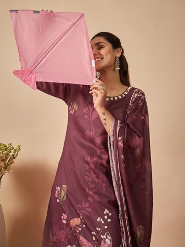 Image of INDO ERA Women's Linen Floral Printed Straight Calf Length Kurta & Pant with Dupatta Set (IESTR12259)