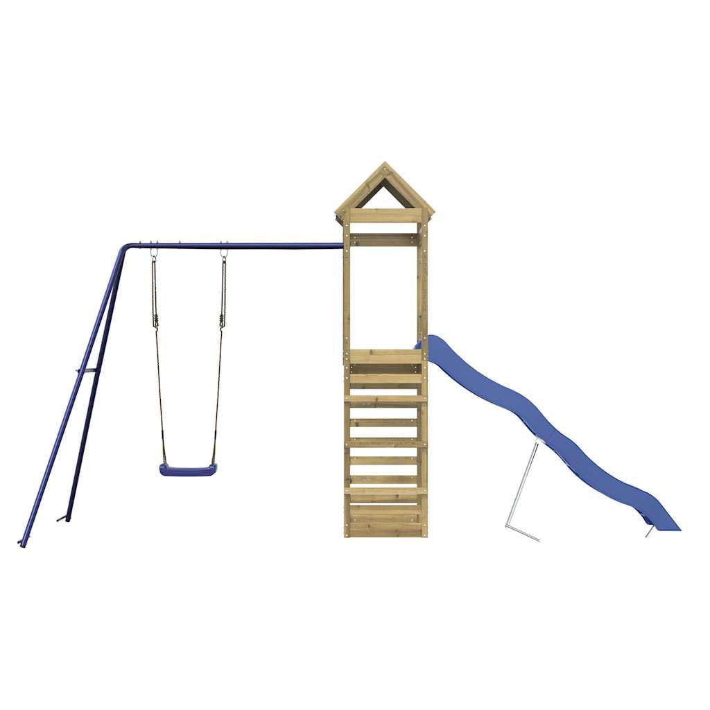 Spielturm aus imprägniertem Kiefernholz mit Rutsche Schaukel Sandkasten für Kinder im Garten, stabiles Klettergerüst mit Seil, Nest, Trapez, Ringe, Zubehör, Outdoor Spielhaus