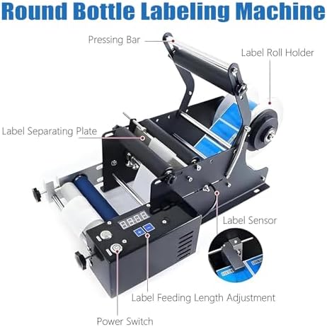 36W Semi-Automatic Label Applicator, Adjustable Sticker Dispenser for 20-100mm Round Labels, Ideal for Plastic & Metal Bottles, Efficient Labeling Solution