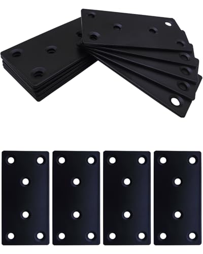 BINCKIN Paquete de 10 placas planas de reparación para madera, placas de montaje de metal negras de 3.1 x 1.5 pulgadas con 6 agujeros, soporte recto plano de acero inoxidable para muebles, armarios